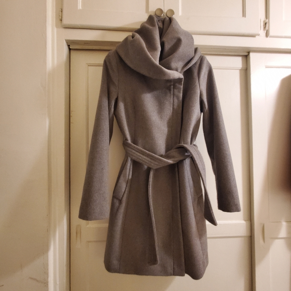 COLE HAAN Grey Wool Coat Hooded Wrap Around Tie Waist Pockets